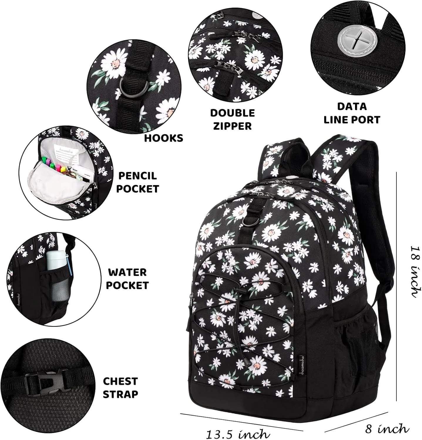 Choco Mocha Daisy Backpack for Teen Girls, Travel School Backpack for Girls Middle School Large Bookbag 18 Inch, Black