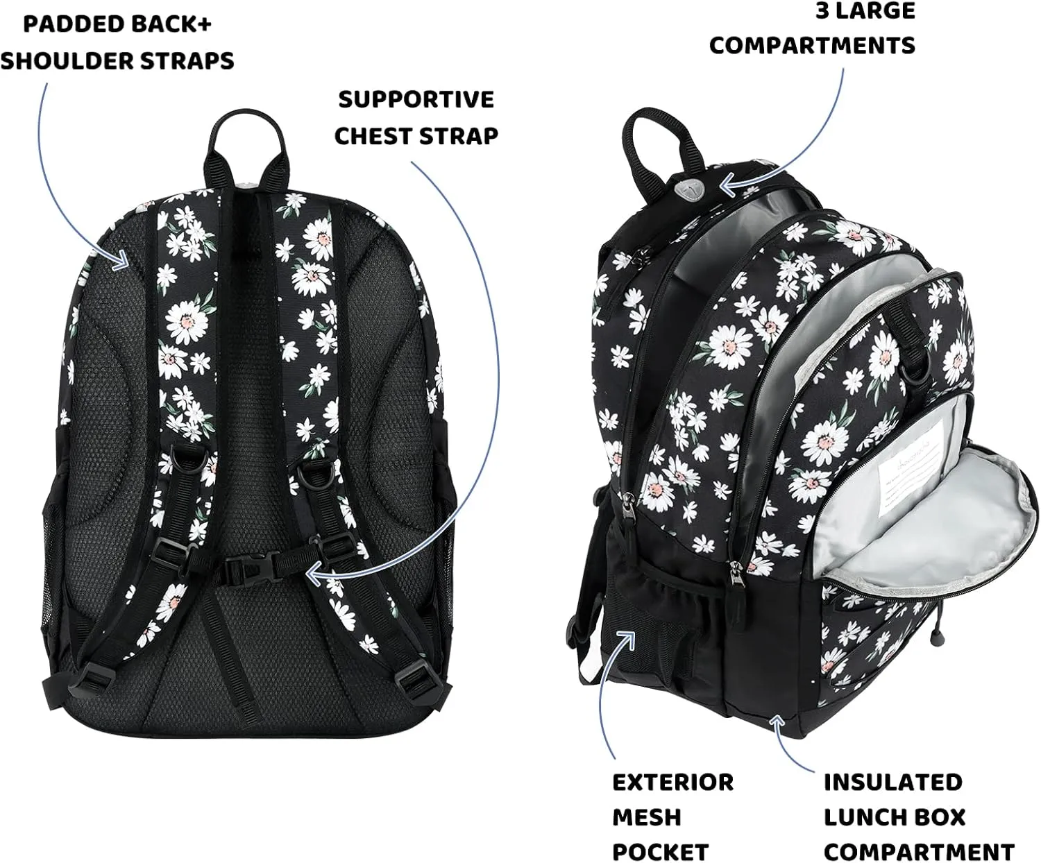 Choco Mocha Daisy Backpack for Teen Girls, Travel School Backpack for Girls Middle School Large Bookbag 18 Inch, Black