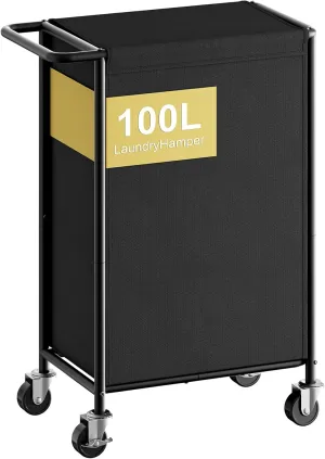 Chrislley 100L Laundry Hamper with Wheels,Rolling Laundry Basket with Lid,Steel Frame Laundry Cart with Handle and Removable Bag,Large Dirty Clothes Hamper for Laundry Room,Dorm,Black
