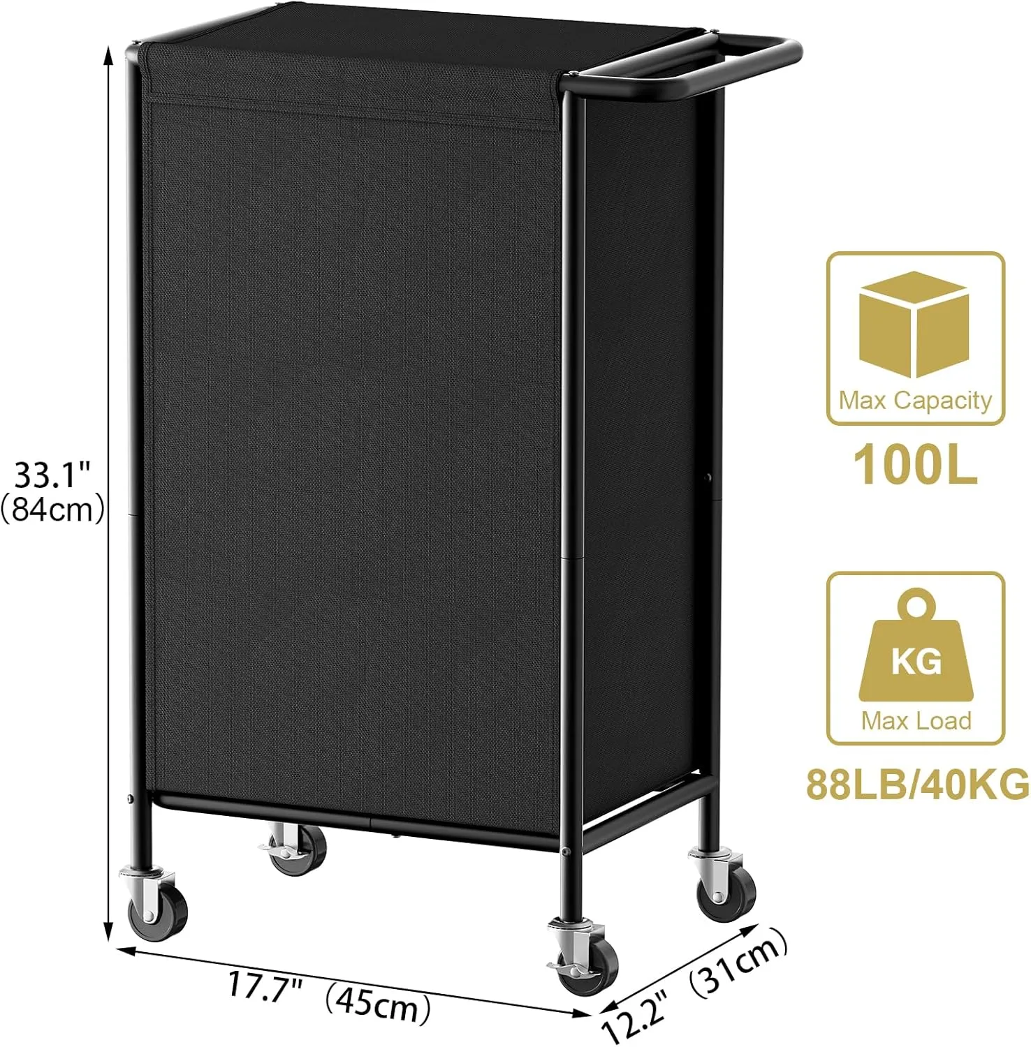 Chrislley 100L Laundry Hamper with Wheels,Rolling Laundry Basket with Lid,Steel Frame Laundry Cart with Handle and Removable Bag,Large Dirty Clothes Hamper for Laundry Room,Dorm,Black
