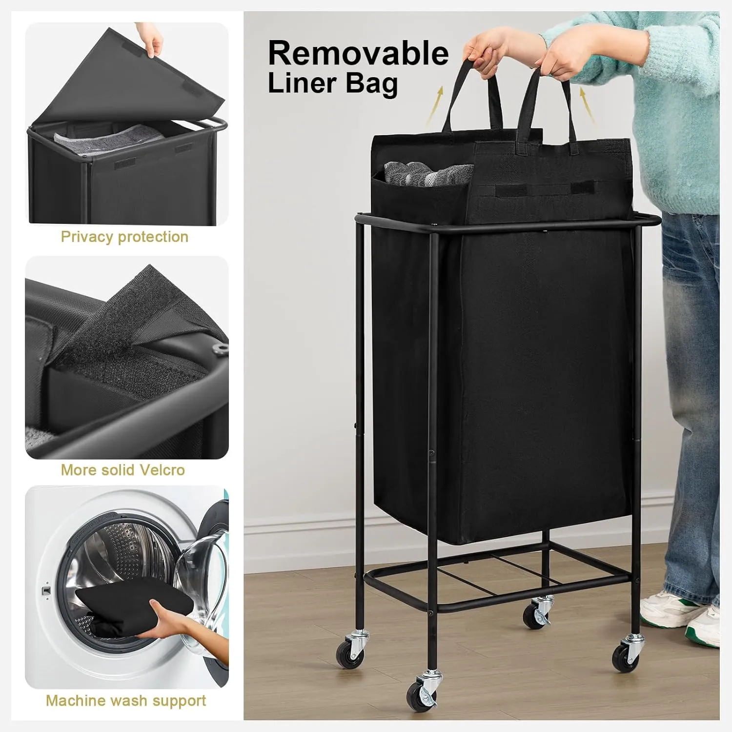 Chrislley 100L Laundry Hamper with Wheels,Rolling Laundry Basket with Lid,Steel Frame Laundry Cart with Handle and Removable Bag,Large Dirty Clothes Hamper for Laundry Room,Dorm,Black