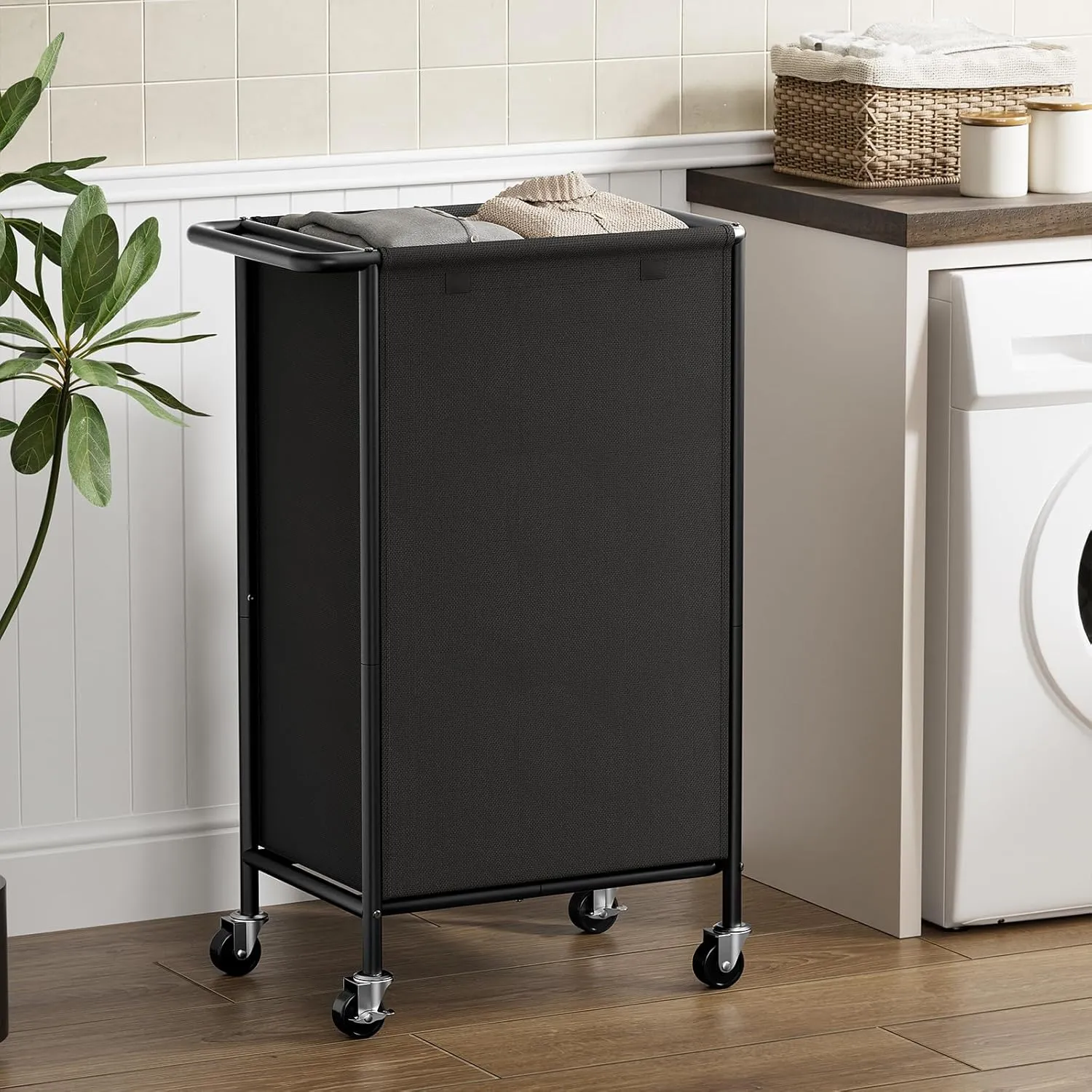 Chrislley 100L Laundry Hamper with Wheels,Rolling Laundry Basket with Lid,Steel Frame Laundry Cart with Handle and Removable Bag,Large Dirty Clothes Hamper for Laundry Room,Dorm,Black