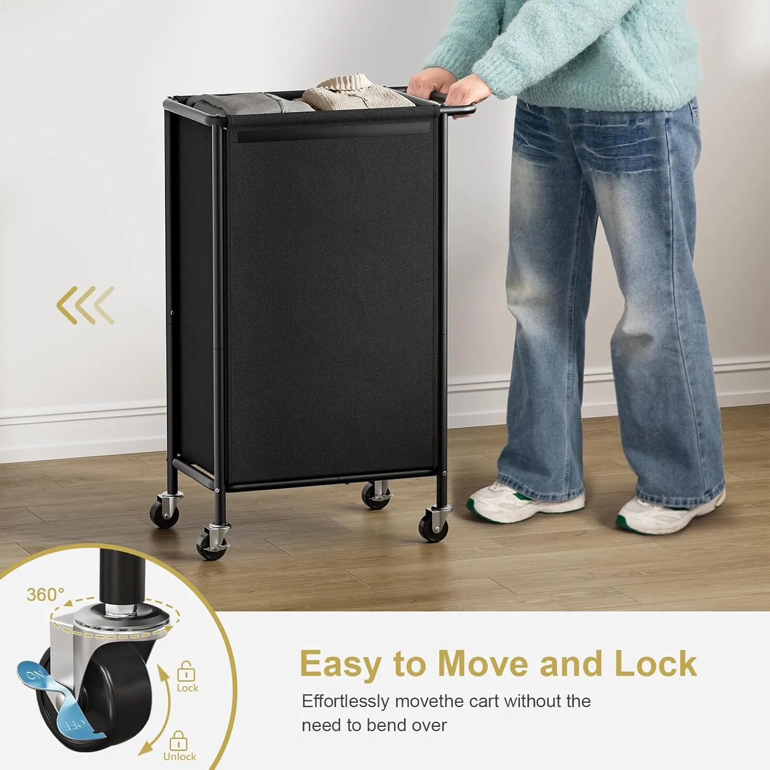 Chrislley 100L Laundry Hamper with Wheels,Rolling Laundry Basket with Lid,Steel Frame Laundry Cart with Handle and Removable Bag,Large Dirty Clothes Hamper for Laundry Room,Dorm,Black