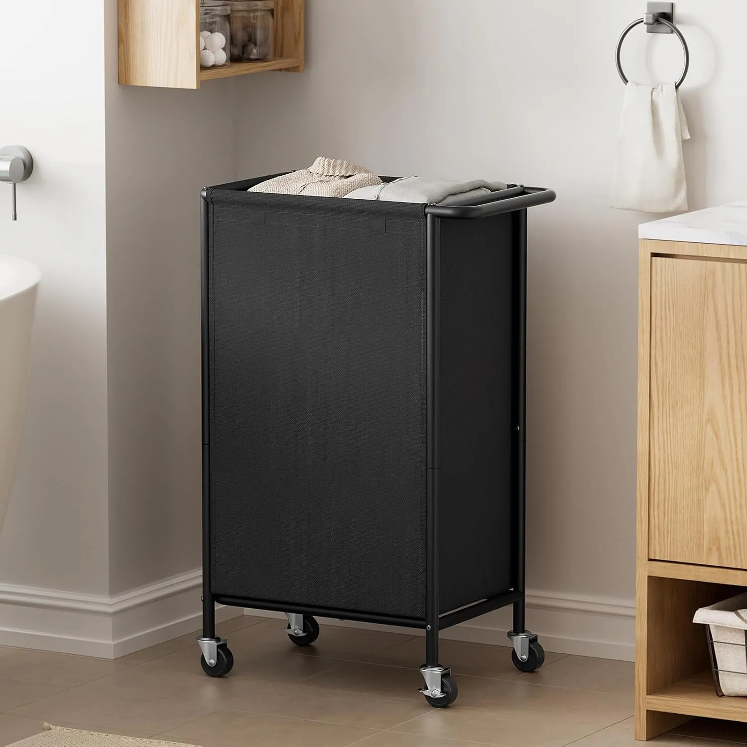 Chrislley 100L Laundry Hamper with Wheels,Rolling Laundry Basket with Lid,Steel Frame Laundry Cart with Handle and Removable Bag,Large Dirty Clothes Hamper for Laundry Room,Dorm,Black