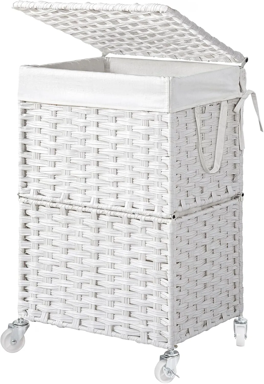 Chrislley 90L Slim Laundry Hamper with Wheels,Rolling Laundry Basket with Lid and Renovable Liner Bag,Handwoven Rattan Organizer for bedroom, bathroom, laundry room (White)