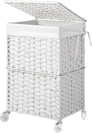Chrislley 90L Slim Laundry Hamper with Wheels,Rolling Laundry Basket with Lid and Renovable Liner Bag,Handwoven Rattan Organizer for bedroom, bathroom, laundry room (White)