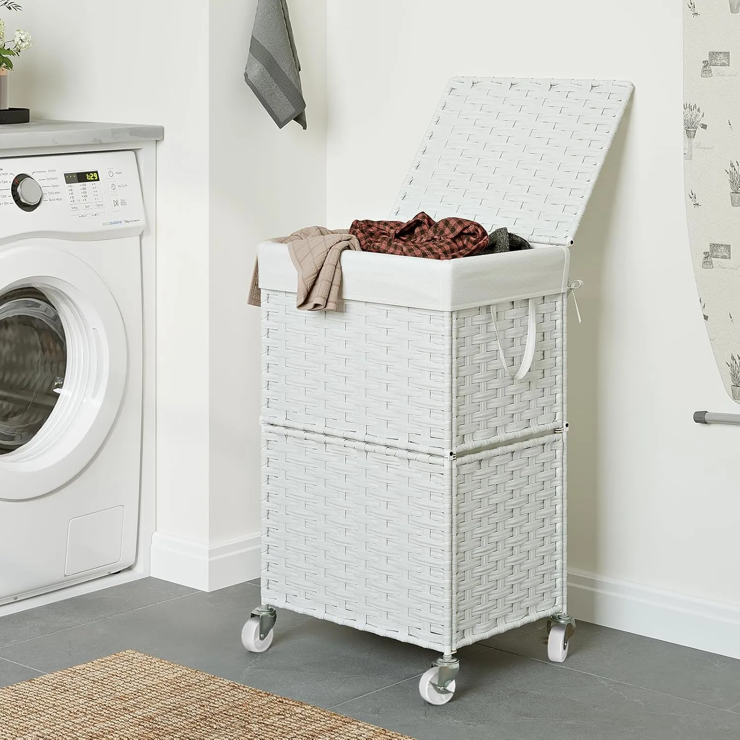 Chrislley 90L Slim Laundry Hamper with Wheels,Rolling Laundry Basket with Lid and Renovable Liner Bag,Handwoven Rattan Organizer for bedroom, bathroom, laundry room (White)