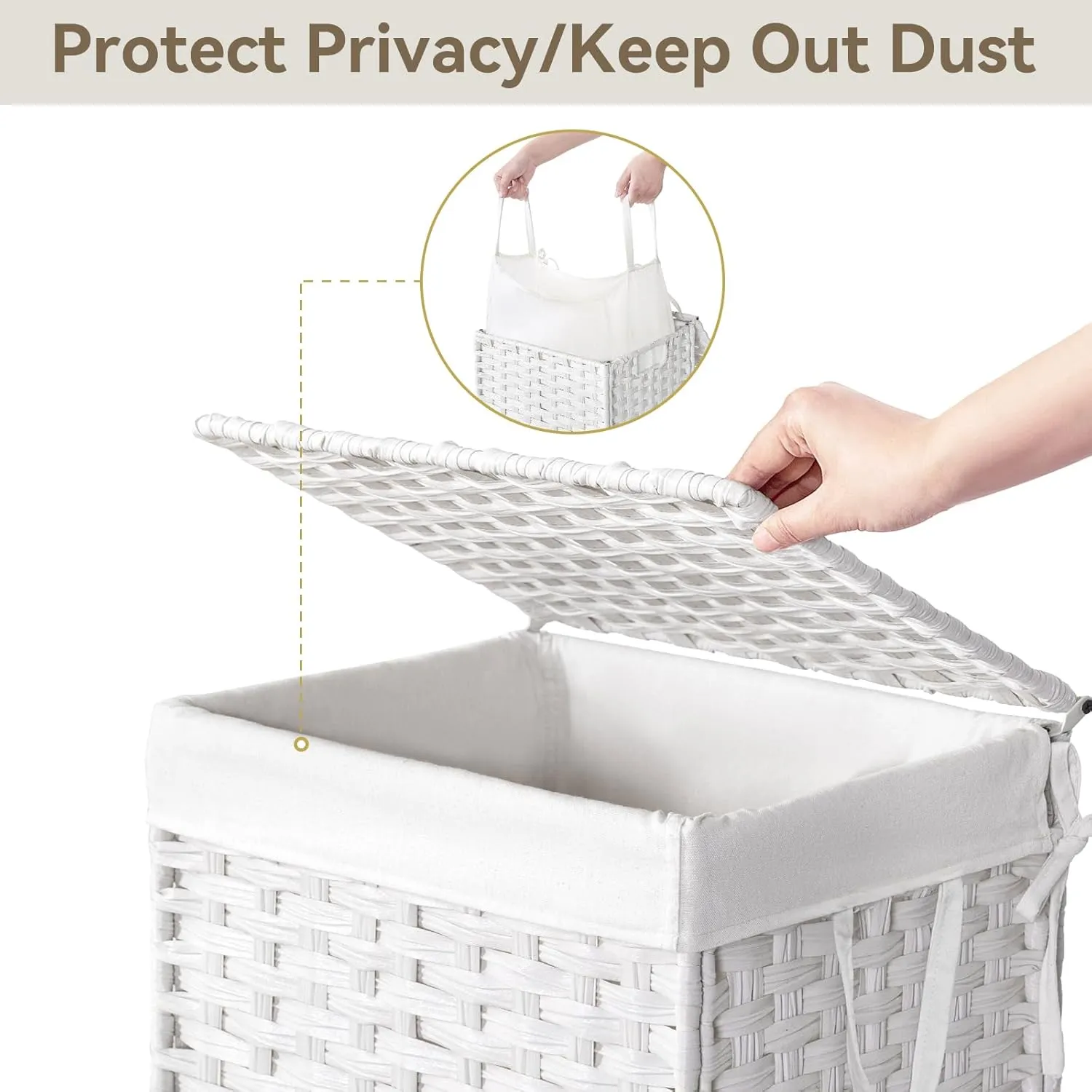 Chrislley 90L Slim Laundry Hamper with Wheels,Rolling Laundry Basket with Lid and Renovable Liner Bag,Handwoven Rattan Organizer for bedroom, bathroom, laundry room (White)
