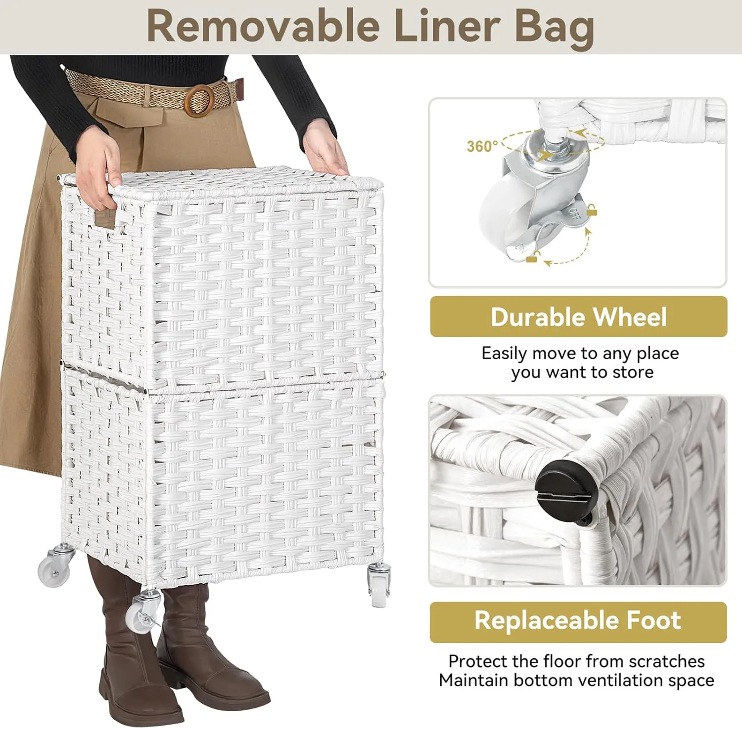 Chrislley 90L Slim Laundry Hamper with Wheels,Rolling Laundry Basket with Lid and Renovable Liner Bag,Handwoven Rattan Organizer for bedroom, bathroom, laundry room (White)