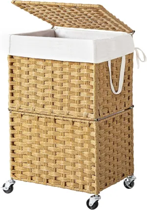 Chrislley 90L Slim Laundry Hamper with Wheels,Rolling Laundry Basket with Lid and Renovable Liner Bag,Handwoven Rattan Organizer for bedroom, bathroom, laundry room (Yellow)