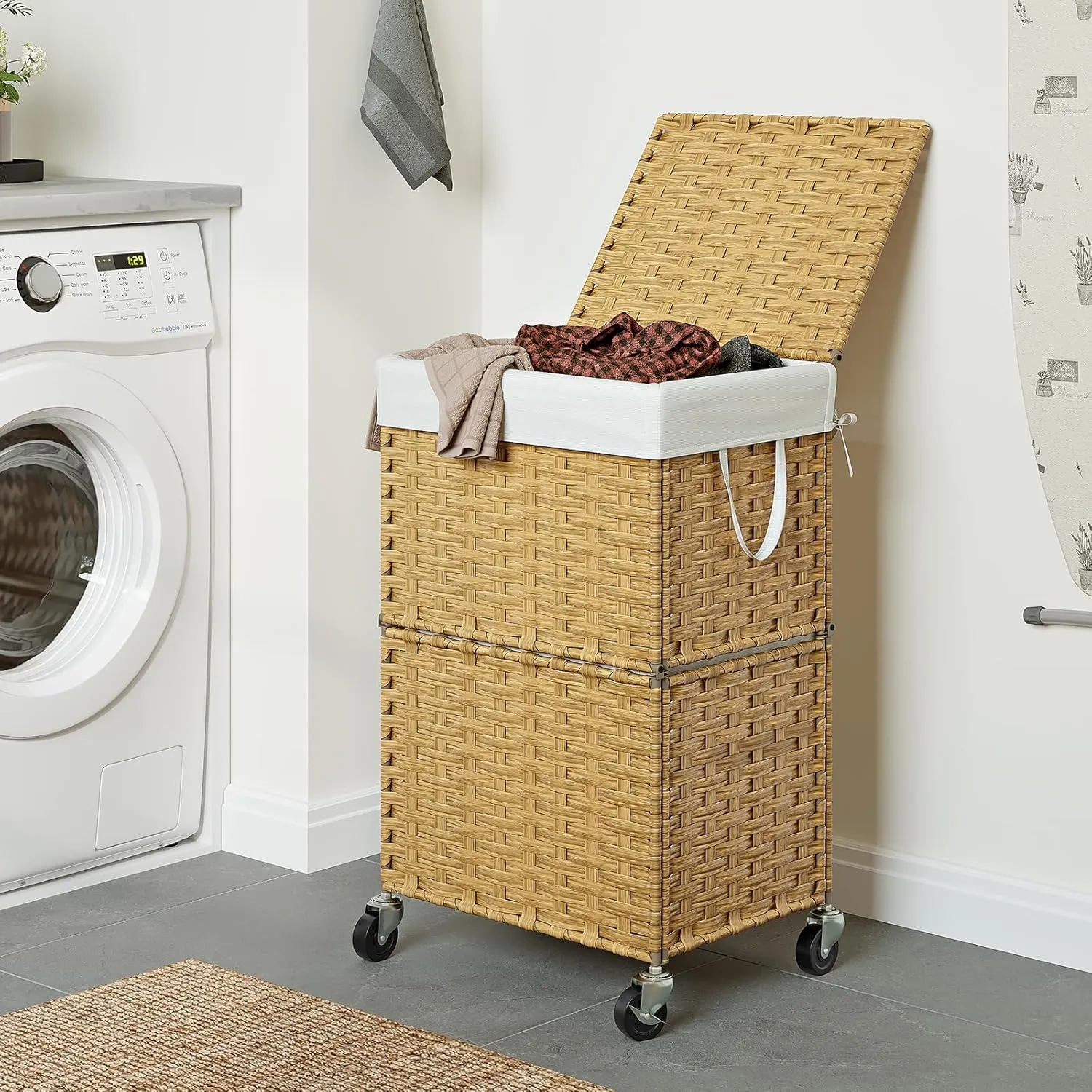 Chrislley 90L Slim Laundry Hamper with Wheels,Rolling Laundry Basket with Lid and Renovable Liner Bag,Handwoven Rattan Organizer for bedroom, bathroom, laundry room (Yellow)