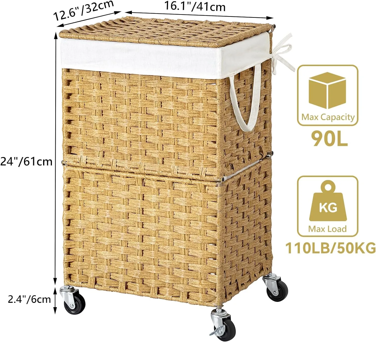 Chrislley 90L Slim Laundry Hamper with Wheels,Rolling Laundry Basket with Lid and Renovable Liner Bag,Handwoven Rattan Organizer for bedroom, bathroom, laundry room (Yellow)