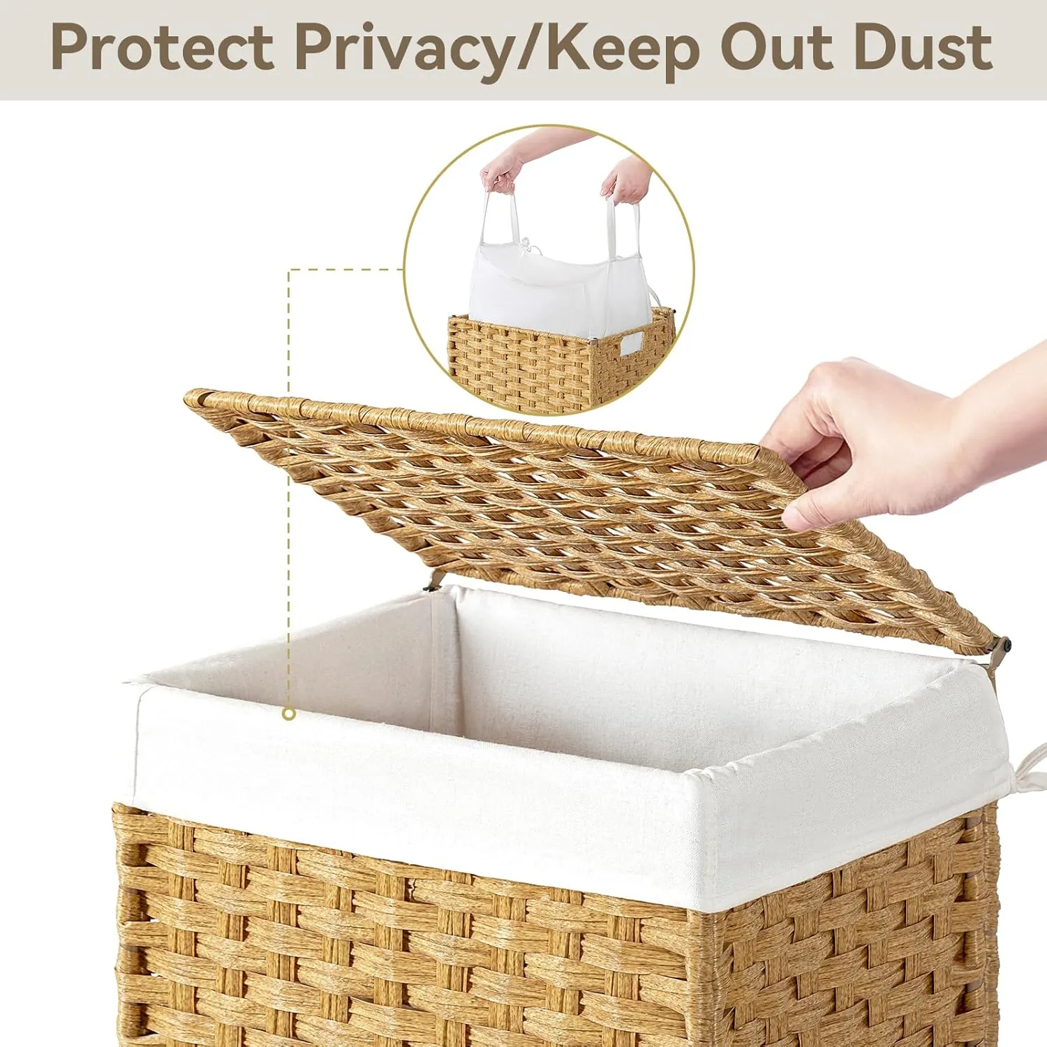 Chrislley 90L Slim Laundry Hamper with Wheels,Rolling Laundry Basket with Lid and Renovable Liner Bag,Handwoven Rattan Organizer for bedroom, bathroom, laundry room (Yellow)