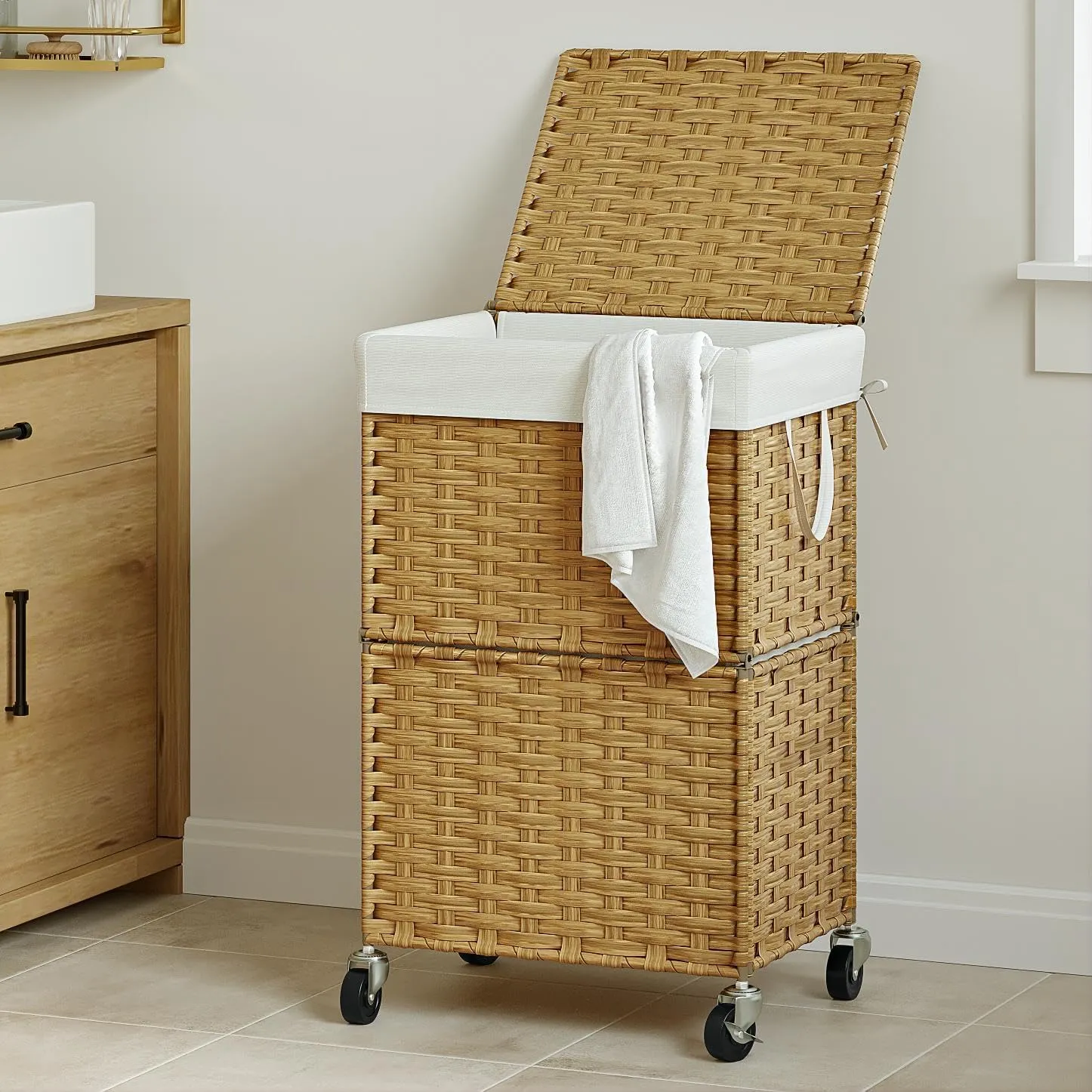 Chrislley 90L Slim Laundry Hamper with Wheels,Rolling Laundry Basket with Lid and Renovable Liner Bag,Handwoven Rattan Organizer for bedroom, bathroom, laundry room (Yellow)
