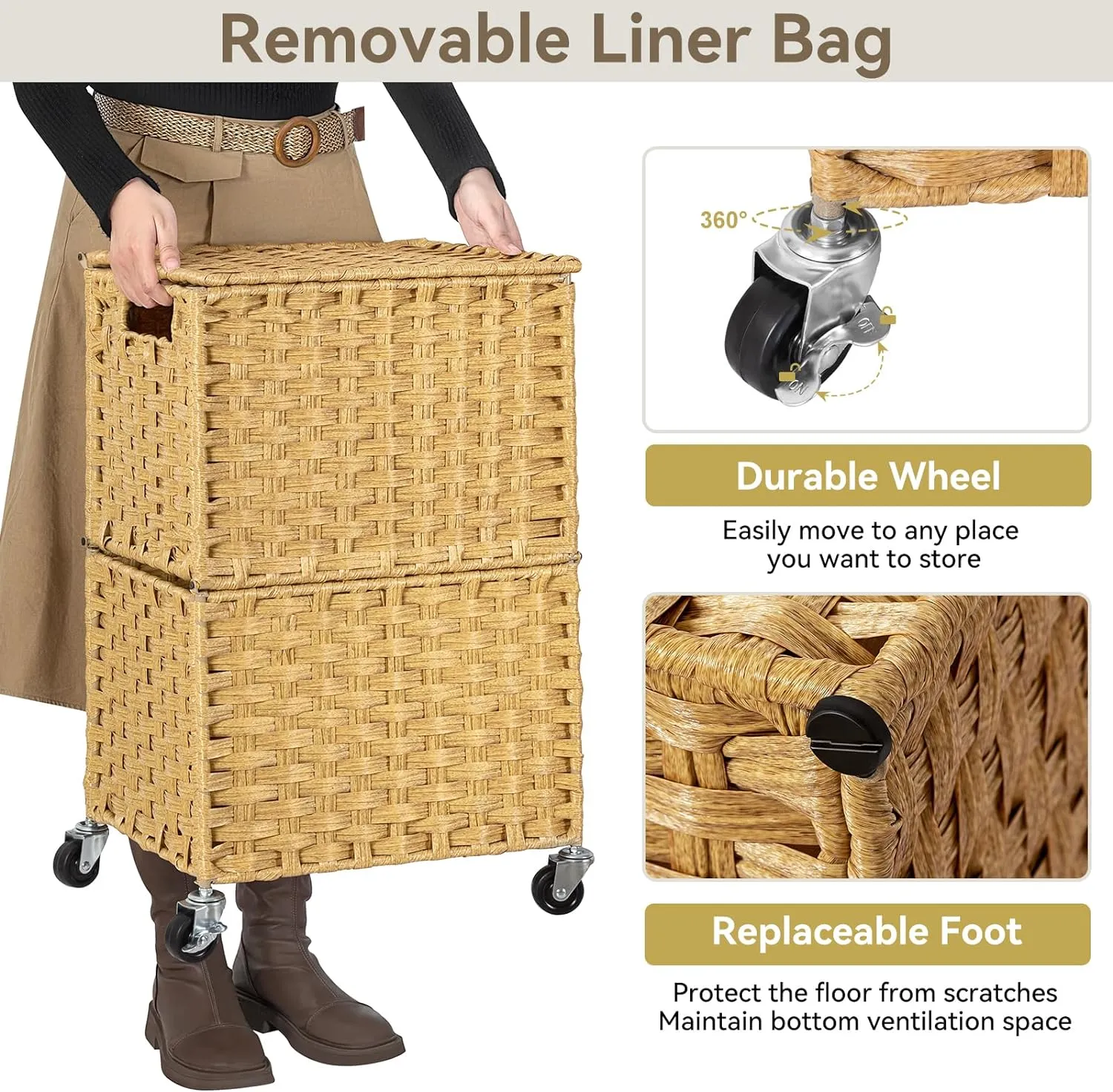Chrislley 90L Slim Laundry Hamper with Wheels,Rolling Laundry Basket with Lid and Renovable Liner Bag,Handwoven Rattan Organizer for bedroom, bathroom, laundry room (Yellow)