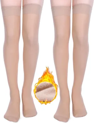 Chuarry 2 Pairs Fleece Lined Sheer Stockings for Women Knee High Leg Warmers Socks Opaque Thermal Long Socks for Cold Weather