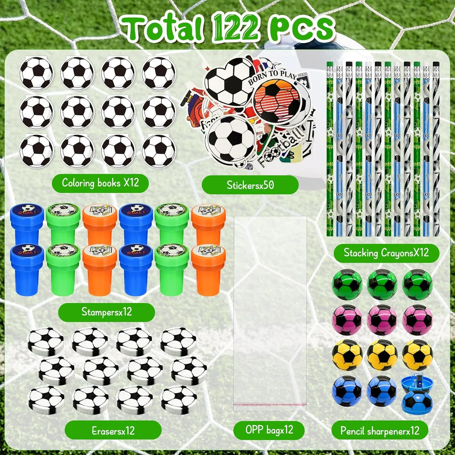 Cinrobiye 122 Pcs Soccer Party Favors Bulk, Soccer Goodie Bag Stuffers, Pencils Erasers Sticky Notes Stamps Stickers, Sport Birthday Party Supplies, Team Game Prizes, Pinata Treat Bags for Boys