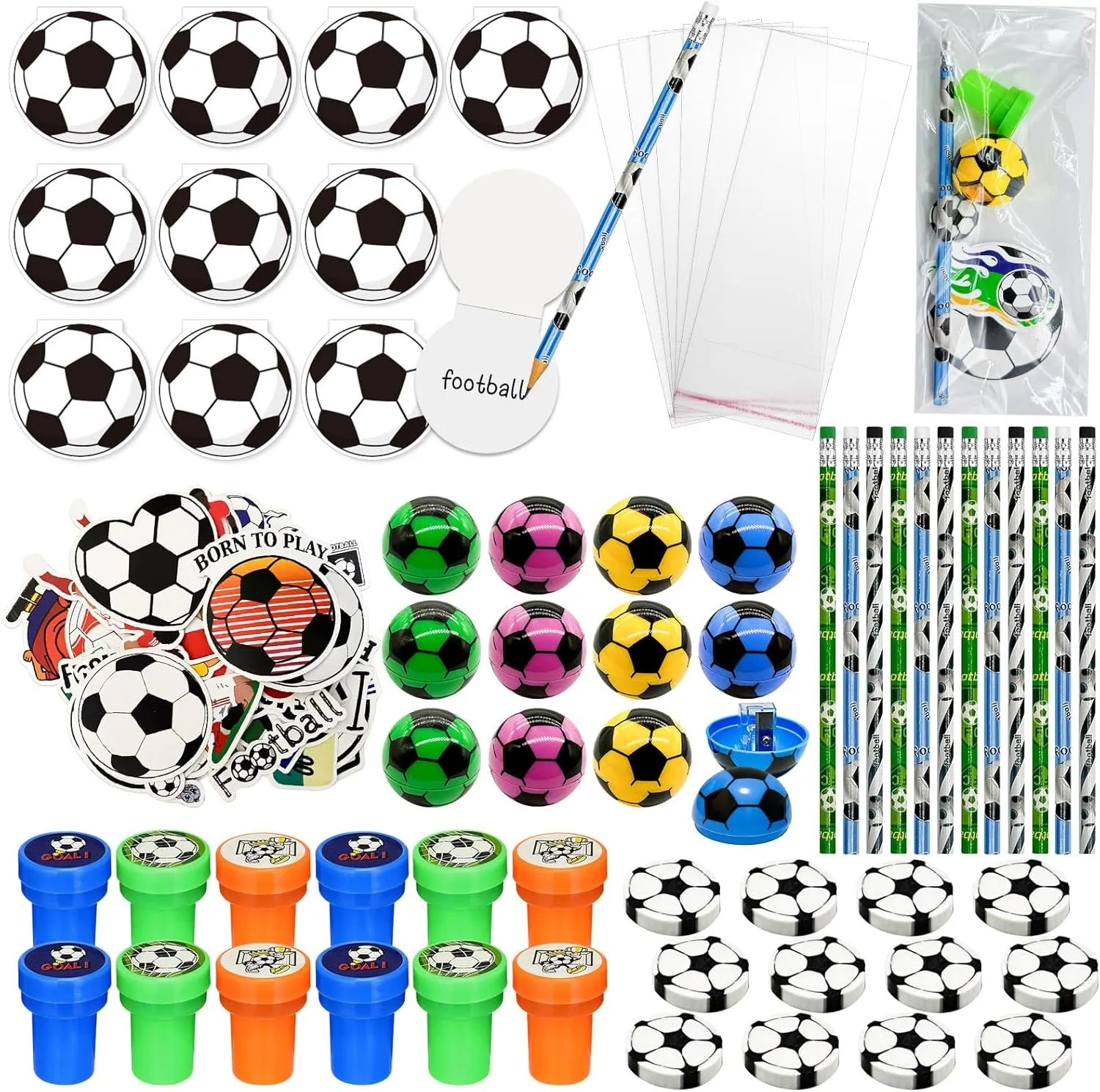 Cinrobiye 122 Pcs Soccer Party Favors Bulk, Soccer Goodie Bag Stuffers, Pencils Erasers Sticky Notes Stamps Stickers, Sport Birthday Party Supplies, Team Game Prizes, Pinata Treat Bags for Boys
