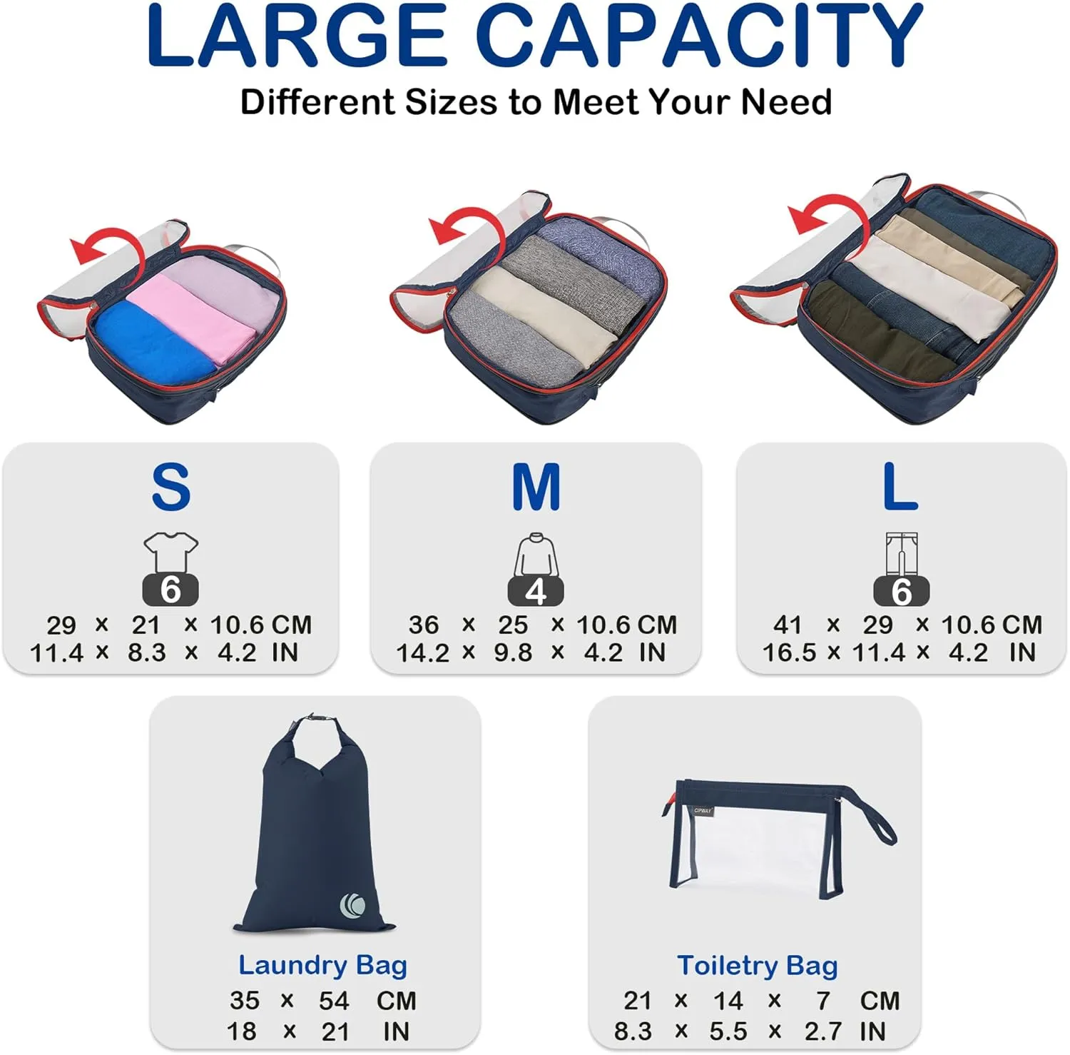 Cipway Compression Packing Cubes, See Through Mesh Luggage Organizer Bags, Travel Essentials for Carry on Suitcase with Laundry Bag and Clear Toiletries Bag（6 Pcs,Blue）