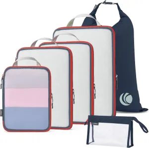 Cipway Compression Packing Cubes, See Through Mesh Luggage Organizer Bags, Travel Essentials for Carry on Suitcase with Laundry Bag and Clear Toiletries Bag（6 Pcs,Blue）
