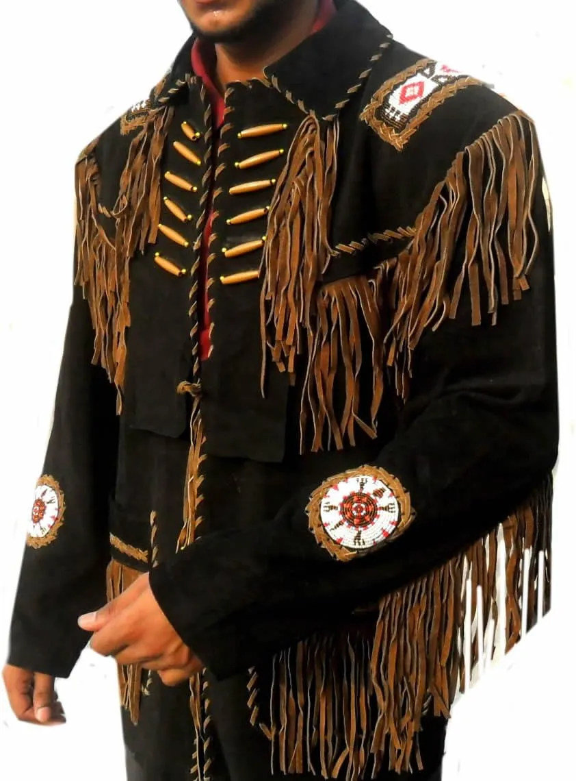 Classyak Western Cowboy Black Suede with Brown Fringes, bead & bones