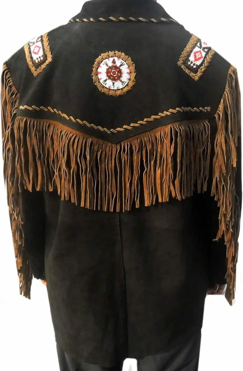 Classyak Western Cowboy Black Suede with Brown Fringes, bead & bones