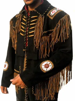 Classyak Western Cowboy Black Suede with Brown Fringes, bead & bones