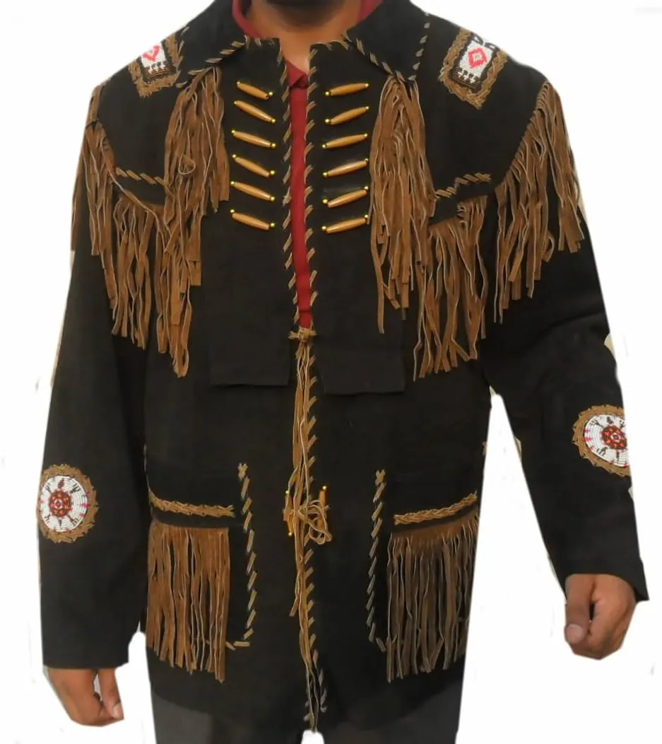 Classyak Western Cowboy Black Suede with Brown Fringes, bead & bones