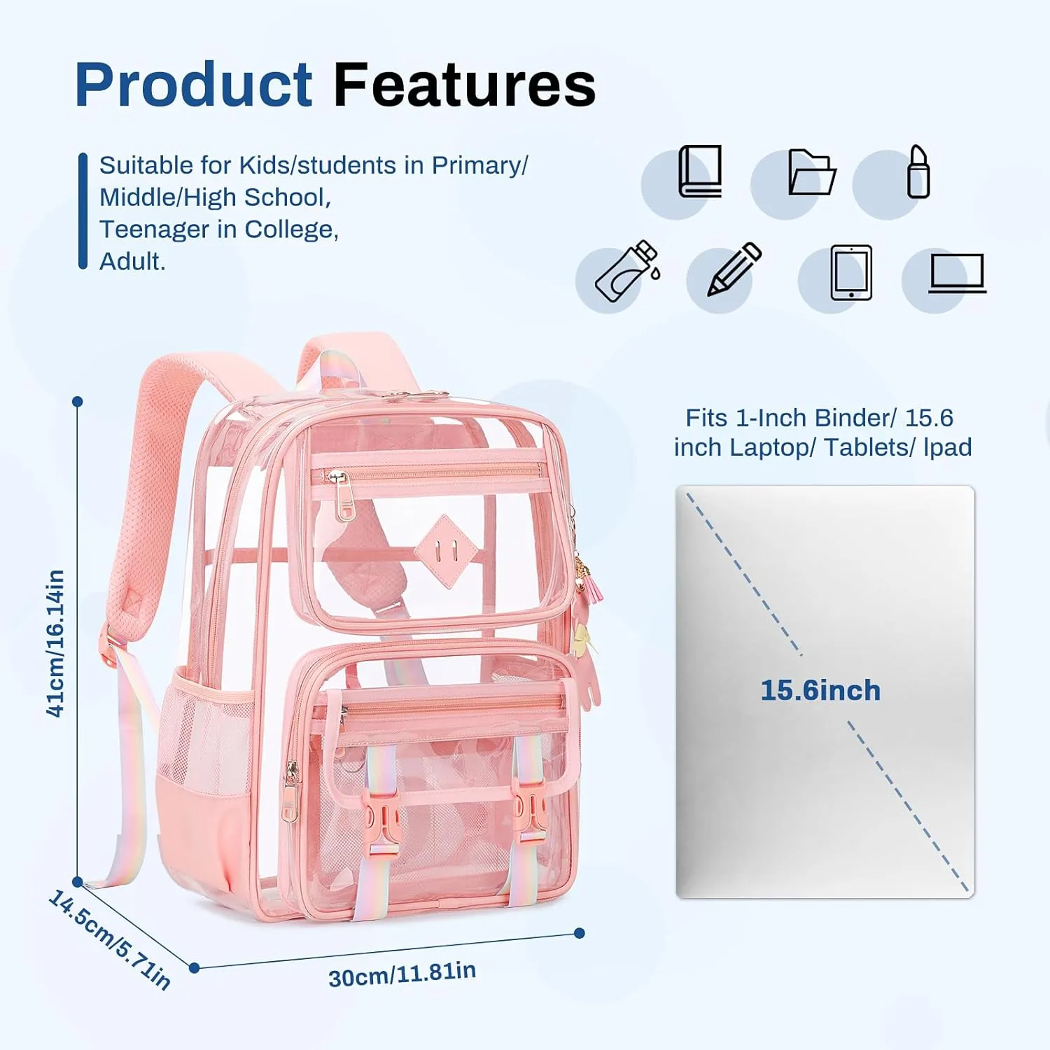 Clear Backpack for School, PVC Clear Bookbag Heavy Duty Transparent Backpack for Stadium Events See Through Bag
