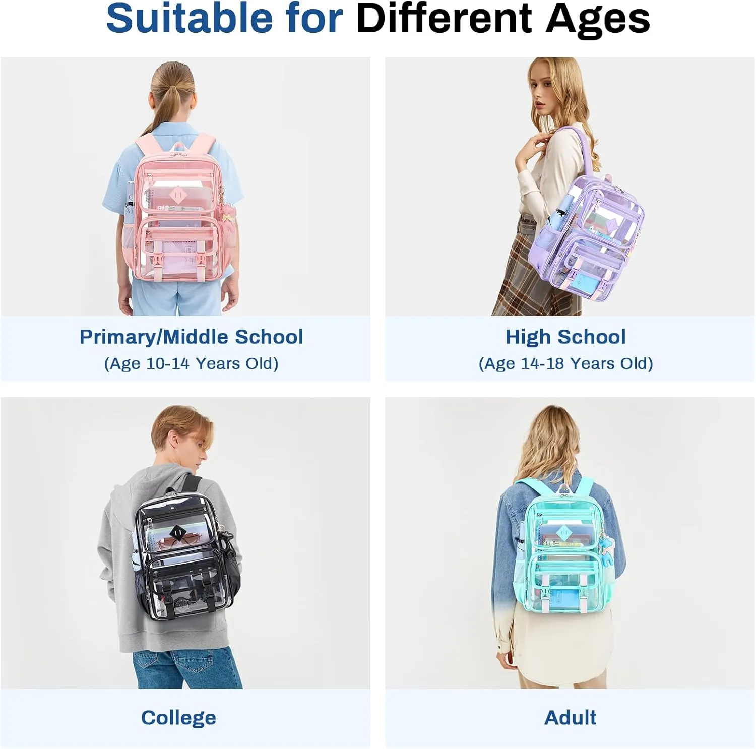 Clear Backpack for School, PVC Clear Bookbag Heavy Duty Transparent Backpack for Stadium Events See Through Bag