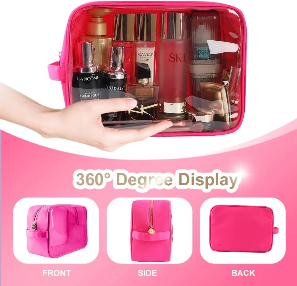 Clear Makeup Bag Preppy Stuff Bag Transparent Makeup Pouch Women Travel Clear Toiletry Bag TPU and Nylon Cosmetic Pouch (Extral-Large, HotPink)