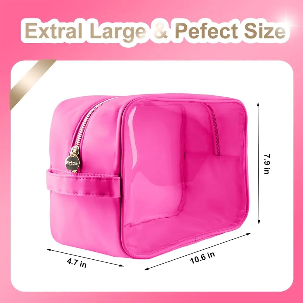 Clear Makeup Bag Preppy Stuff Bag Transparent Makeup Pouch Women Travel Clear Toiletry Bag TPU and Nylon Cosmetic Pouch (Extral-Large, HotPink)