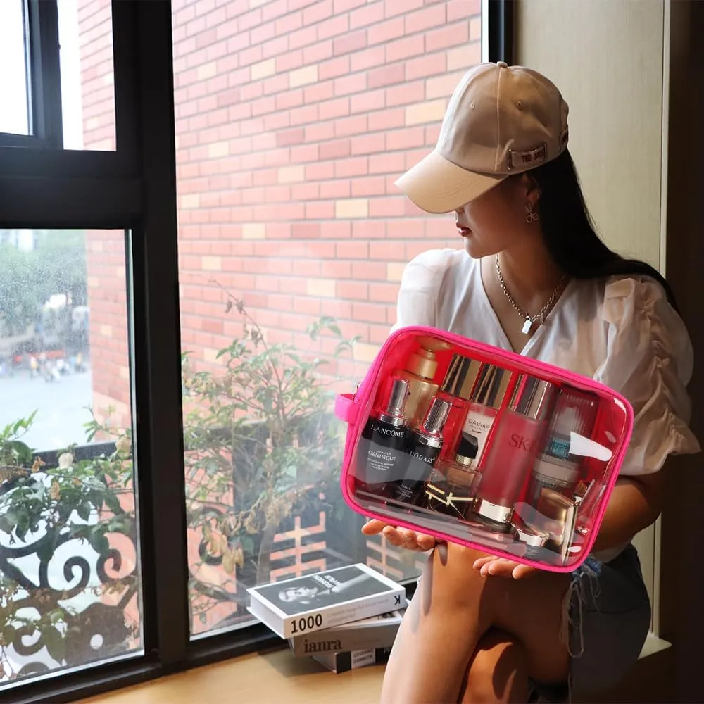 Clear Makeup Bag Preppy Stuff Bag Transparent Makeup Pouch Women Travel Clear Toiletry Bag TPU and Nylon Cosmetic Pouch (Extral-Large, HotPink)