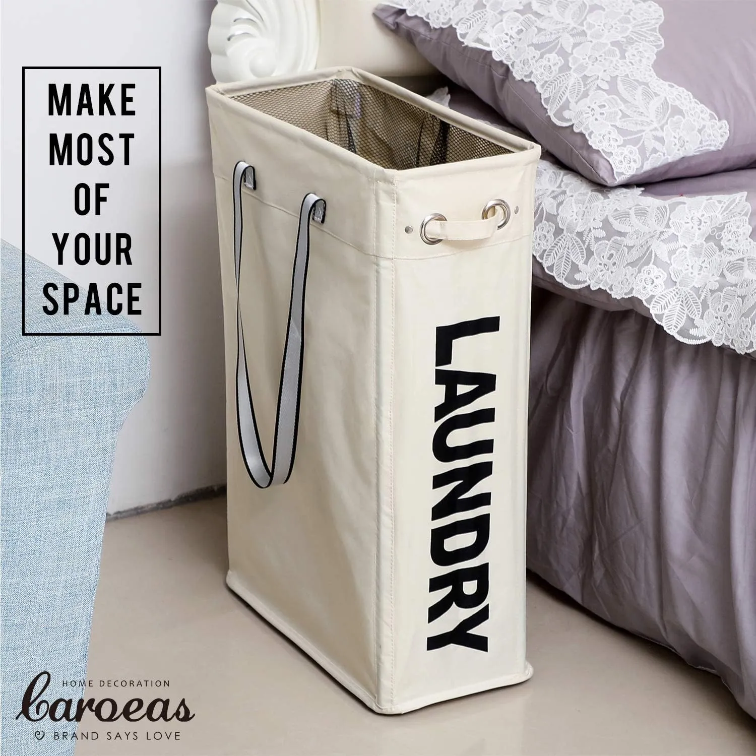 Cloth Clothes Basket, Caroeas 24" Handy Hanging Laundry Baskets Tall & Slim Hamper Collapsible Travel Laundry basket with Breathable Mesh Cover & Soft Handle Laundry Hamper (Beige1)