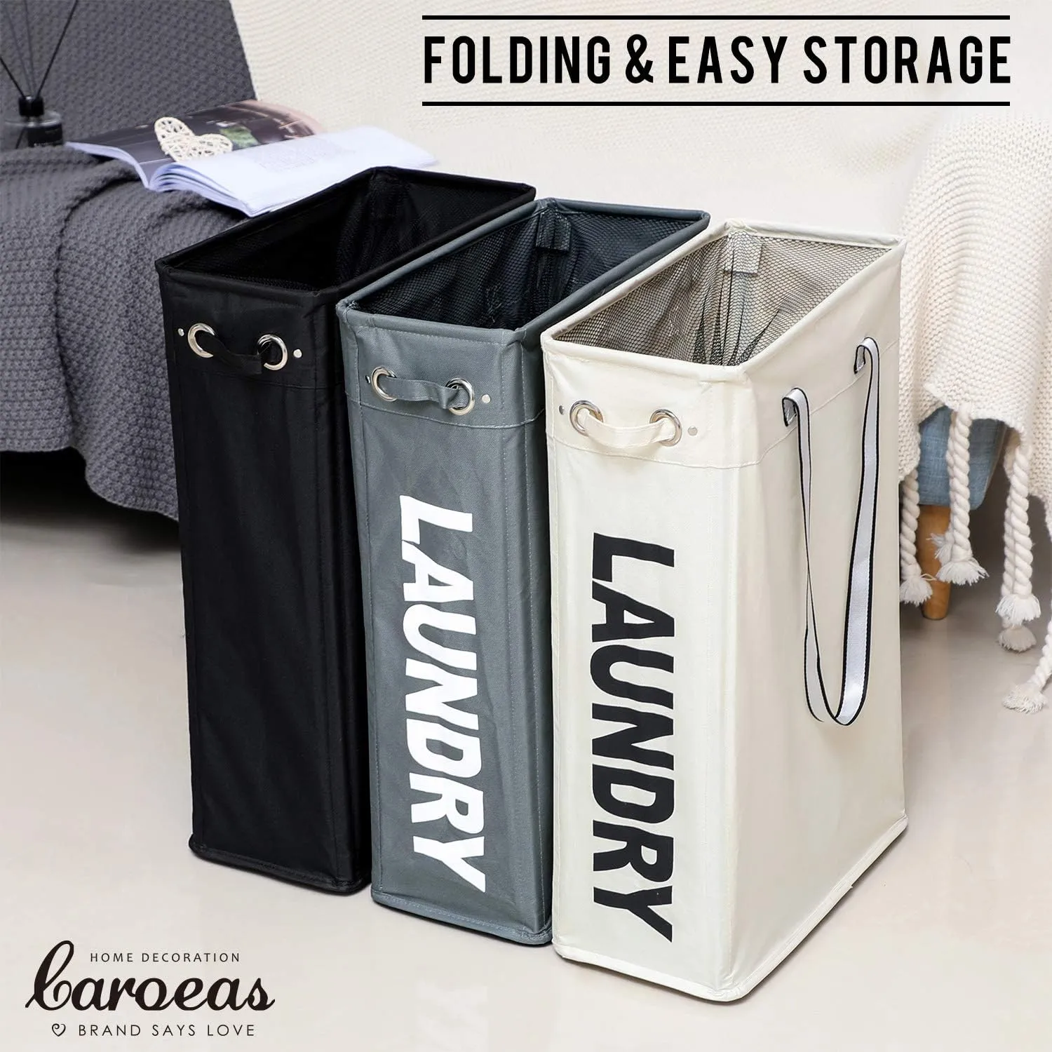 Cloth Clothes Basket, Caroeas 24" Handy Hanging Laundry Baskets Tall & Slim Hamper Collapsible Travel Laundry basket with Breathable Mesh Cover & Soft Handle Laundry Hamper (Beige1)