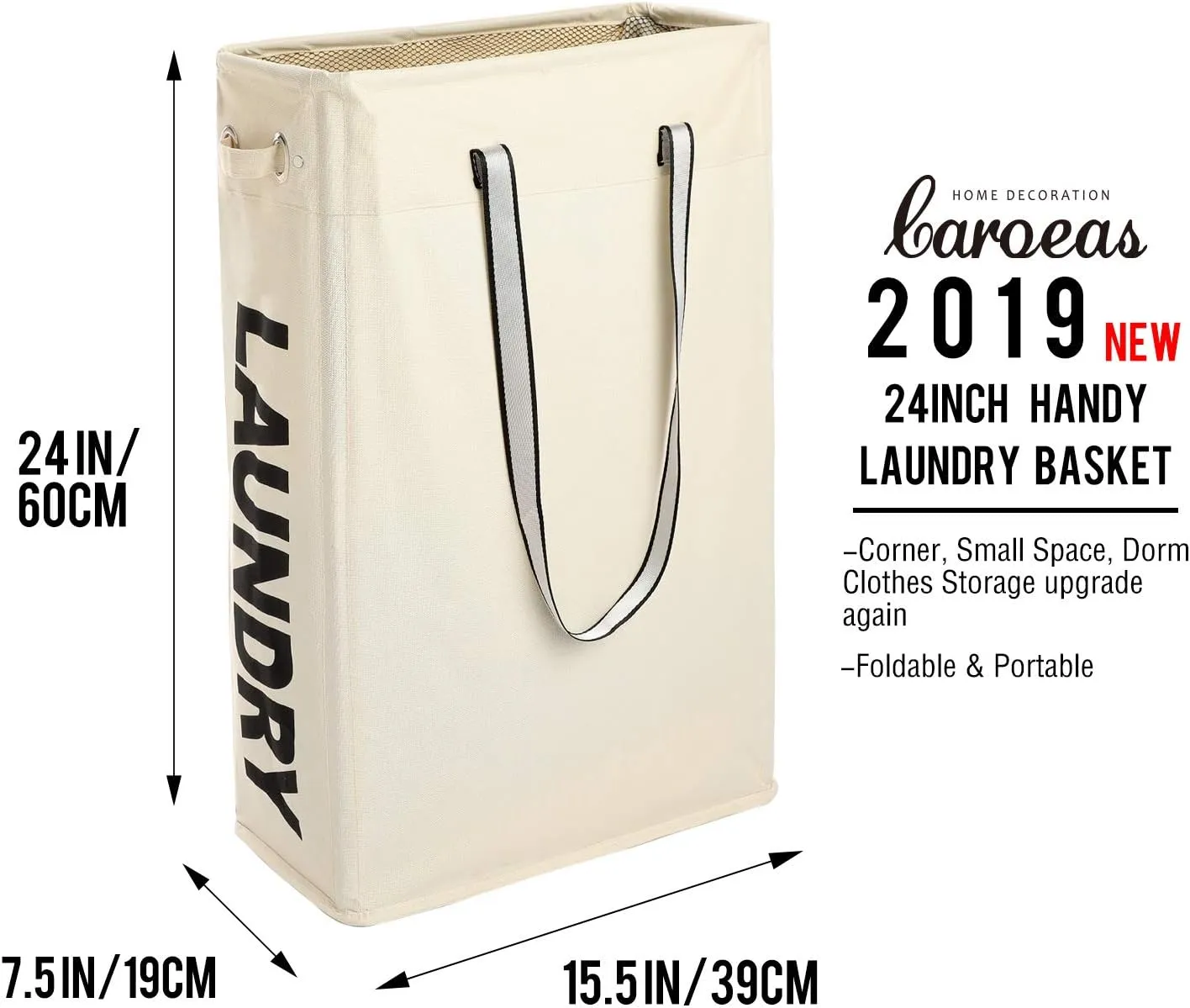 Cloth Clothes Basket, Caroeas 24" Handy Hanging Laundry Baskets Tall & Slim Hamper Collapsible Travel Laundry basket with Breathable Mesh Cover & Soft Handle Laundry Hamper (Beige1)