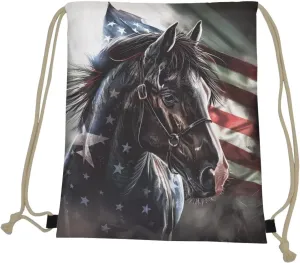 COEQINE Girls Trip Drawstring Backpack Horse American Flag 4th of July Middle High School Sport Book Bag