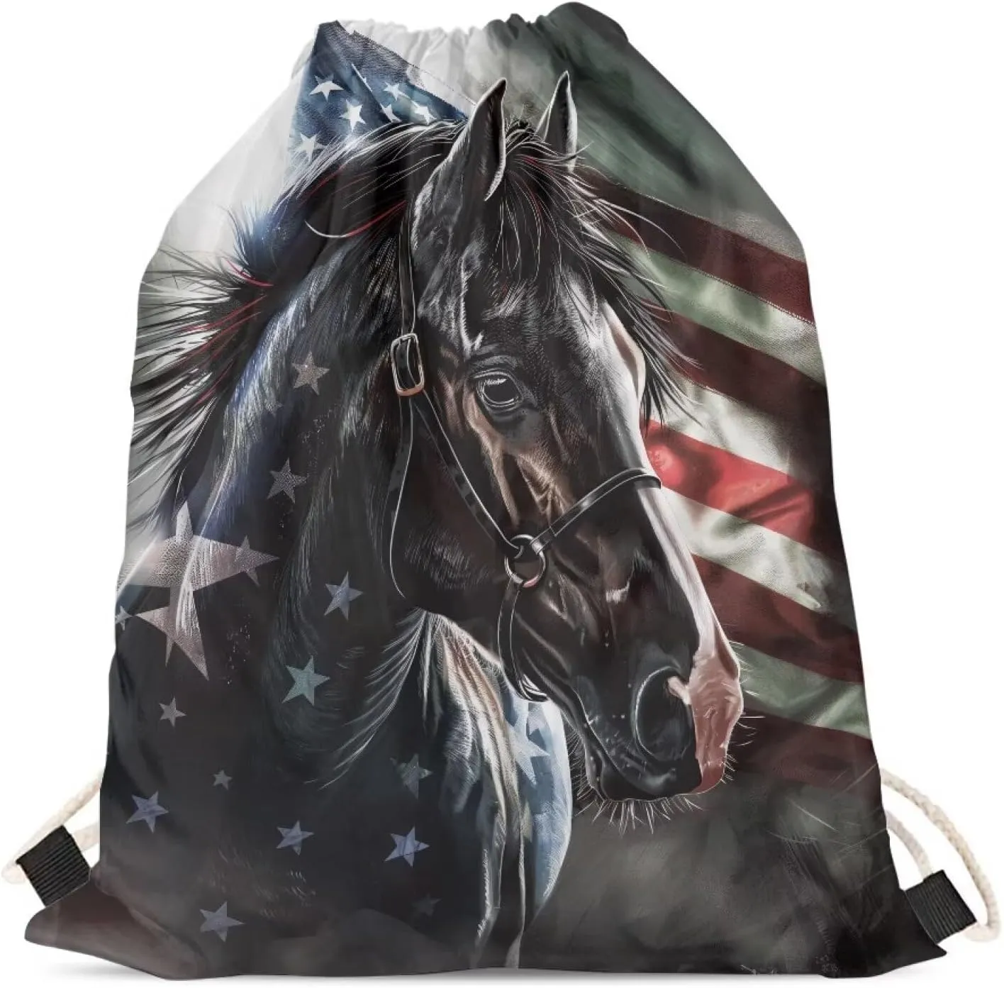 COEQINE Girls Trip Drawstring Backpack Horse American Flag 4th of July Middle High School Sport Book Bag
