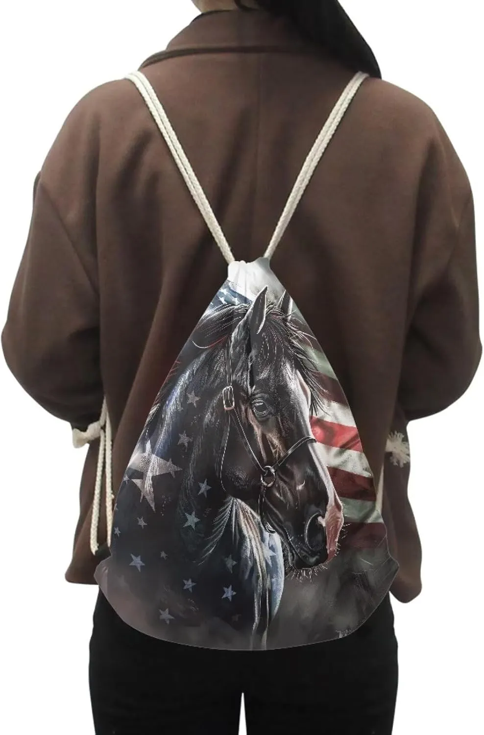 COEQINE Girls Trip Drawstring Backpack Horse American Flag 4th of July Middle High School Sport Book Bag