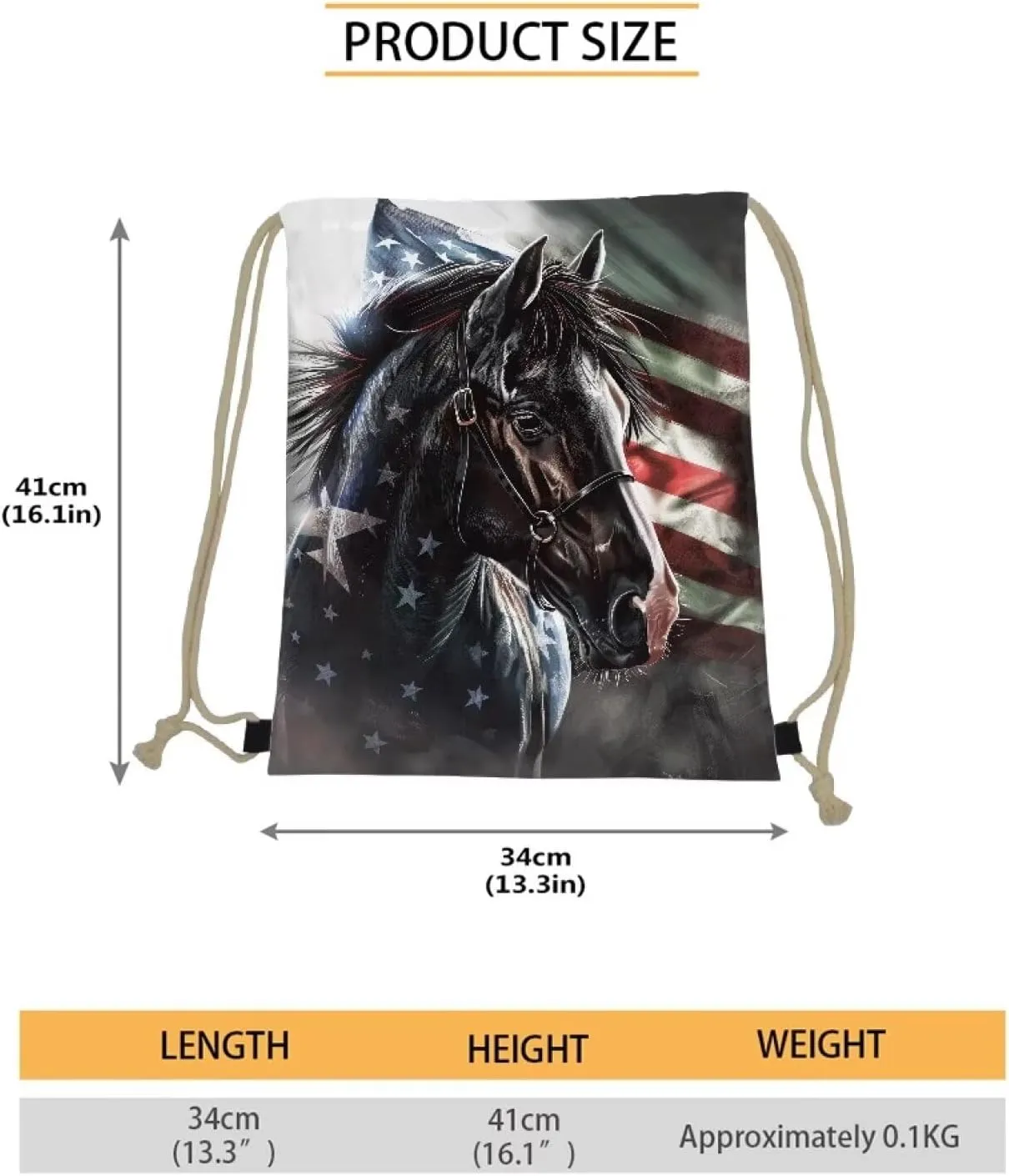 COEQINE Girls Trip Drawstring Backpack Horse American Flag 4th of July Middle High School Sport Book Bag