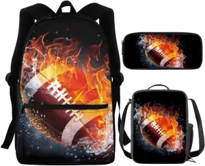 Coldinair American Football Backpack Middle School Boy Bookbags with Pencil Case Lunch Box for Men Teen, Fire Water School Backpack Sports Travel Bagpack Rucksack