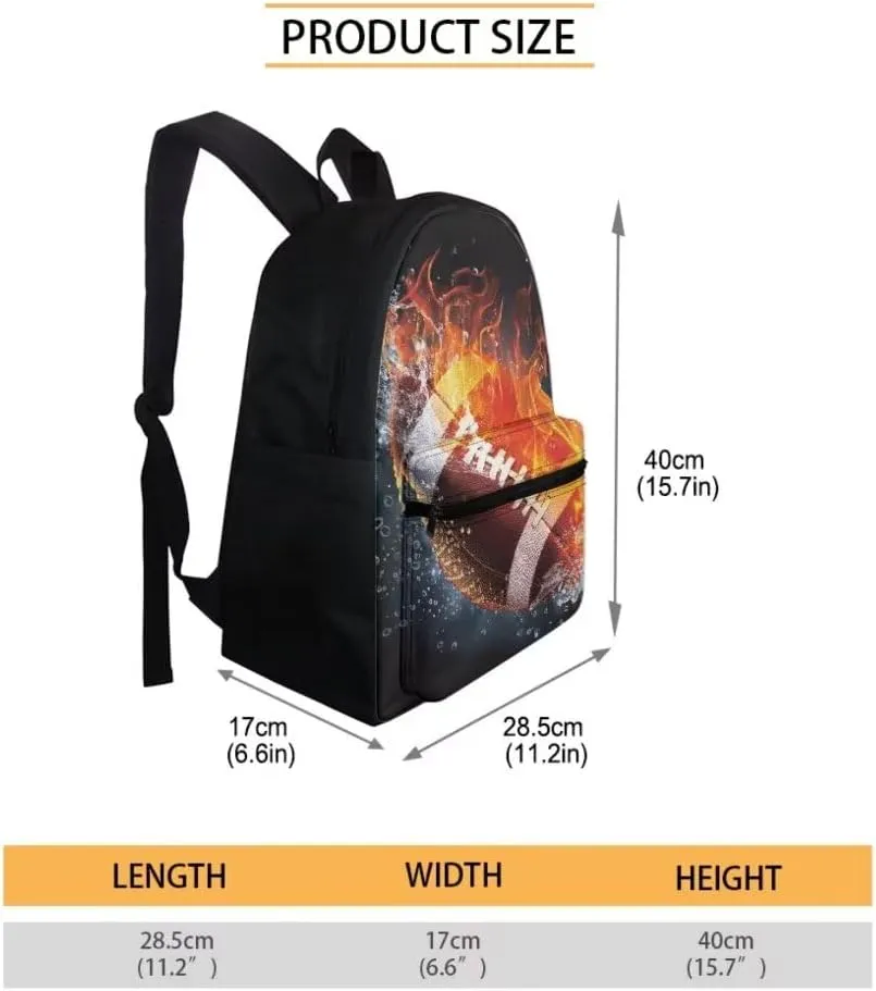 Coldinair American Football Backpack Middle School Boy Bookbags with Pencil Case Lunch Box for Men Teen, Fire Water School Backpack Sports Travel Bagpack Rucksack
