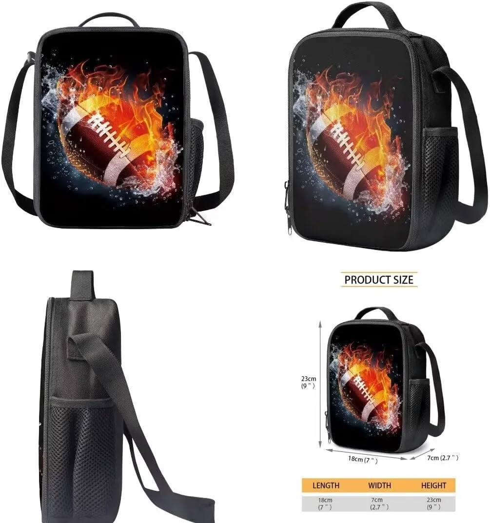 Coldinair American Football Backpack Middle School Boy Bookbags with Pencil Case Lunch Box for Men Teen, Fire Water School Backpack Sports Travel Bagpack Rucksack