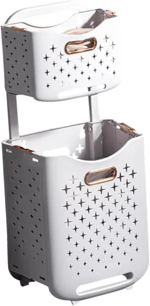 Collapsible Double Layer Laundry Basket Wheels Space Saving Folding Hamper for Bedroom Bathroom Dorm and Living Capacity Laundry Bin with Easy