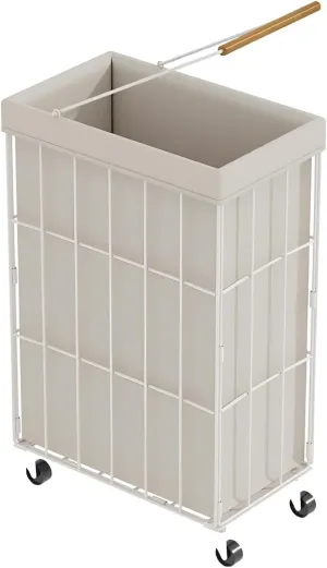Collapsible Rolling Narrow 36L Laundry Basket With Removable Wash Bag Slim Metal Wire Frame Clothes Hamper Laundry Hamper With Wheels And Long Handle For Bathroom Bedroom