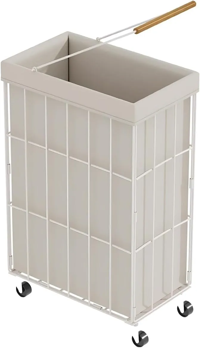 Collapsible Rolling Narrow 36L Laundry Basket With Removable Wash Bag Slim Metal Wire Frame Clothes Hamper Laundry Hamper With Wheels And Long Handle For Bathroom Bedroom