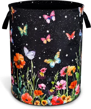 Colorful Butterflies Flowers Laundry Basket Oxford Cloth Laundry Hamper With Handle Foldable Portable Clothes Storage Basket 18.9 X 16.5 Inch Storage Bag For Laundry Room/Bathroom/Bedroom/Dormitories