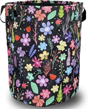 Colorful Flowers Laundry Basket Foldable With Handles Floral Tote Bag Oxford Cloth Universal Laundry Hamper Clothes Storage Bucket Toy Organizer 18.9" x 16.5" For Bathroom/Laundry/Bedroom