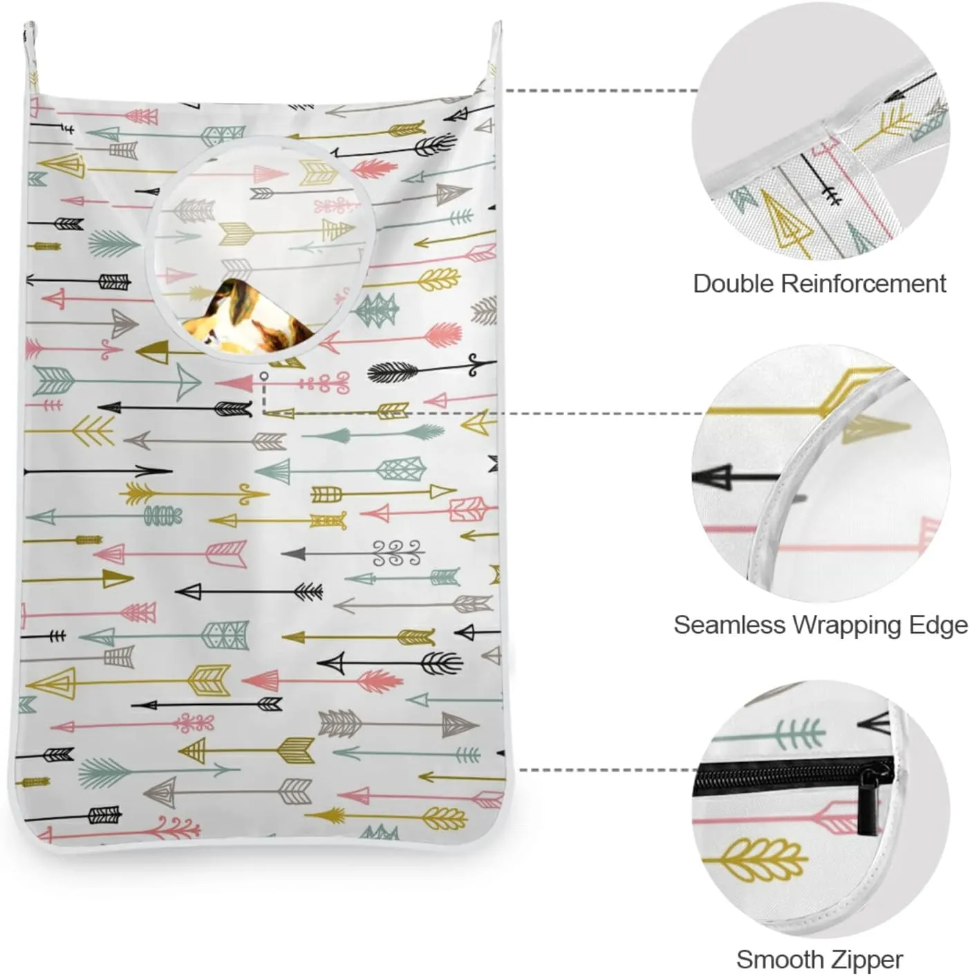 Colorful Tribal Ethnic Pattern with Arrows in Native American Style Hanging Laundry Hamper Bag, Dirty Clothes Bag Over The Door, Wall Cloth Basket with Hooks Storage Closet for Bathroom Bedroom