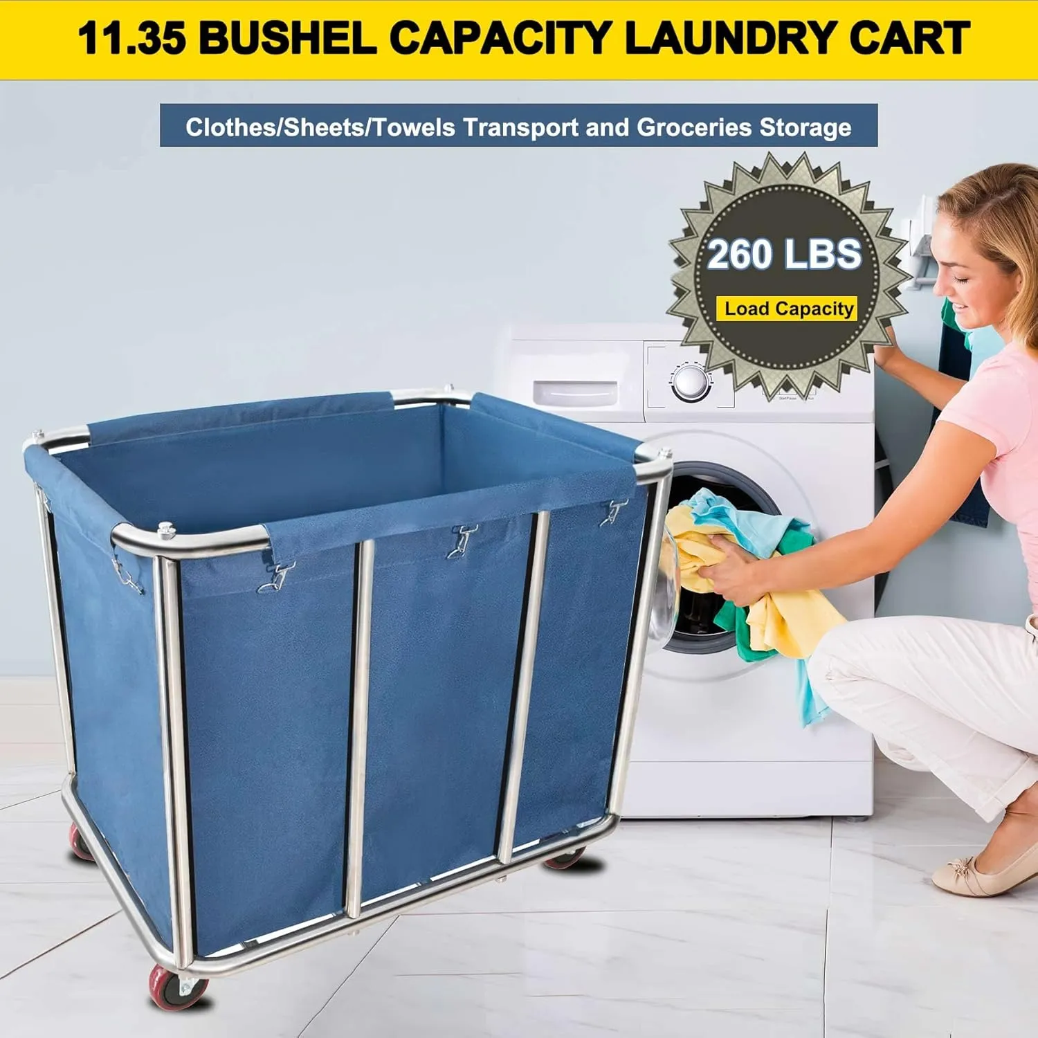 Commercial Laundry Cart with Wheels,11.35 Bushel Large Laundry Cart,Heavy Duty Stainless Steel Commercial Laundry Hampers Laundry Basket with Waterproof Lining,260 Lbs Load